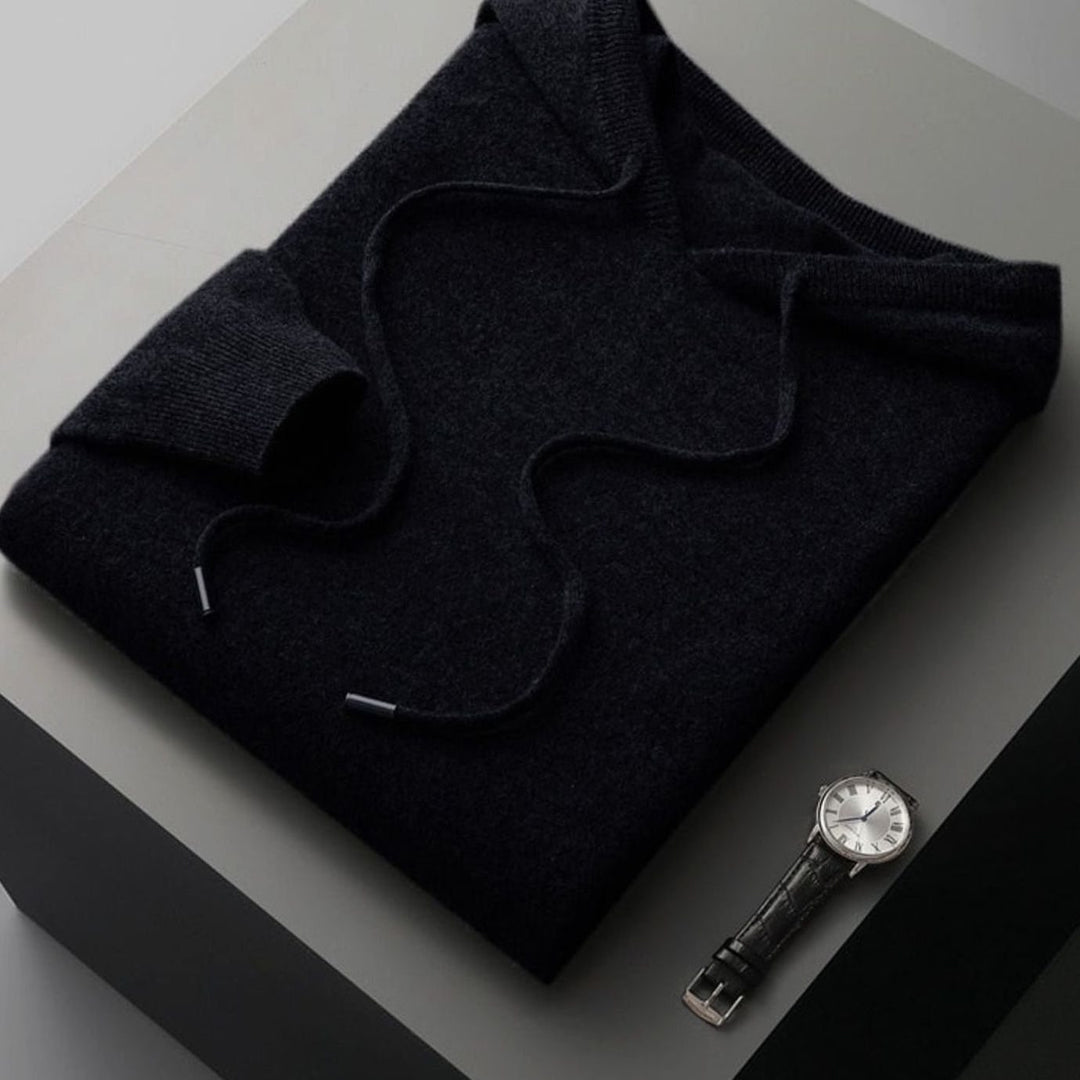 Men's Wool Drawstring Hooded Pullover Jumper - Black