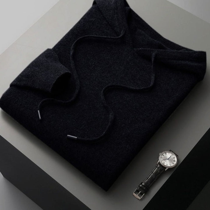 Men's Wool Drawstring Hooded Pullover Jumper - Black