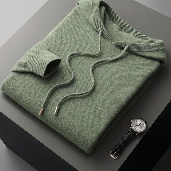 Men's Wool Drawstring Hooded Pullover Jumper - Spruce Green