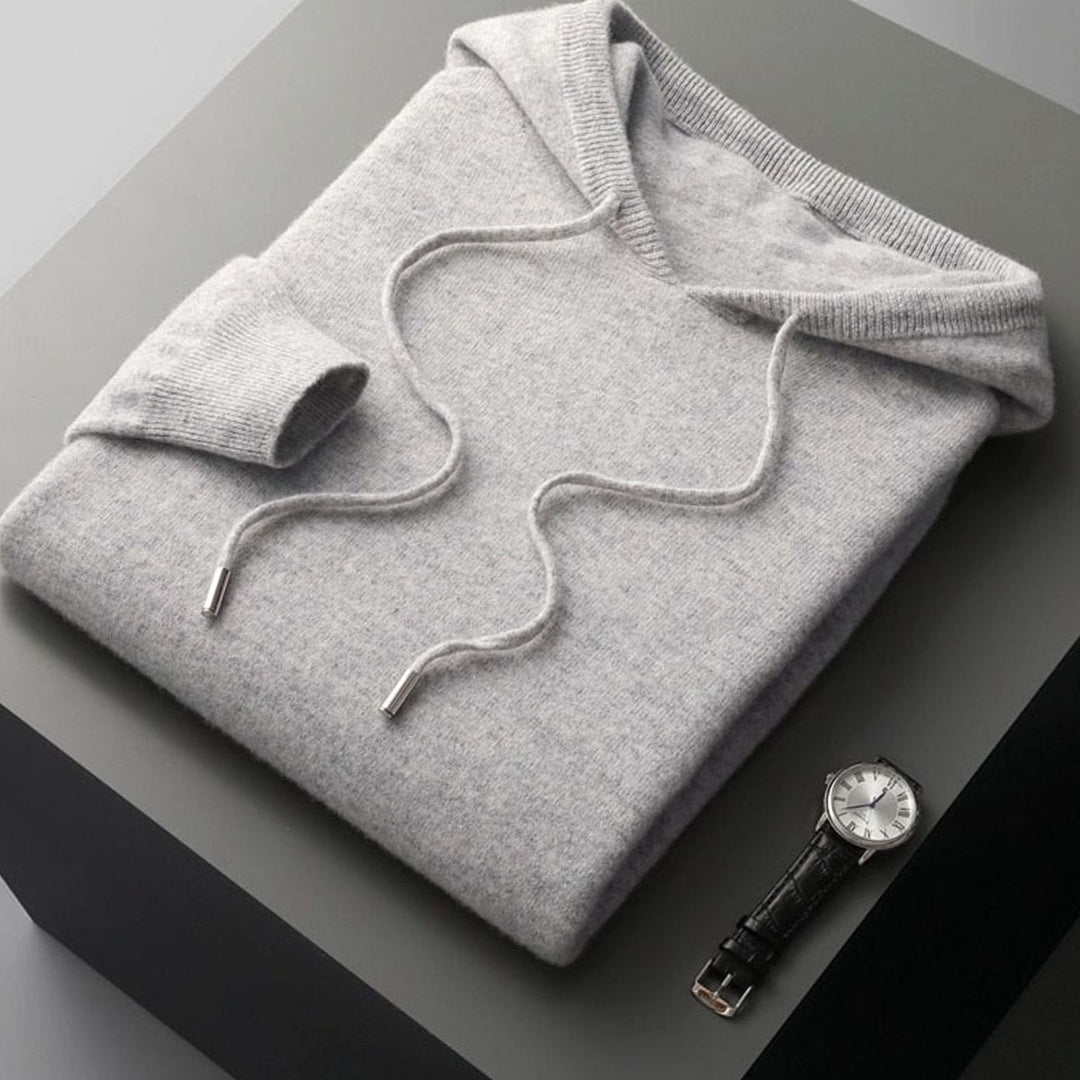 Men's Wool Drawstring Hooded Pullover Jumper - Light Grey