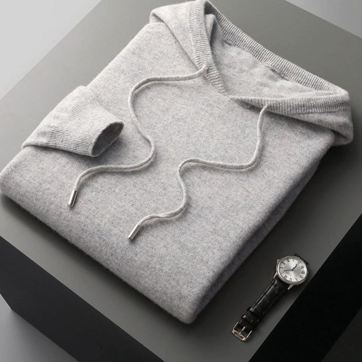 Men's Wool Drawstring Hooded Pullover Jumper - Light Grey