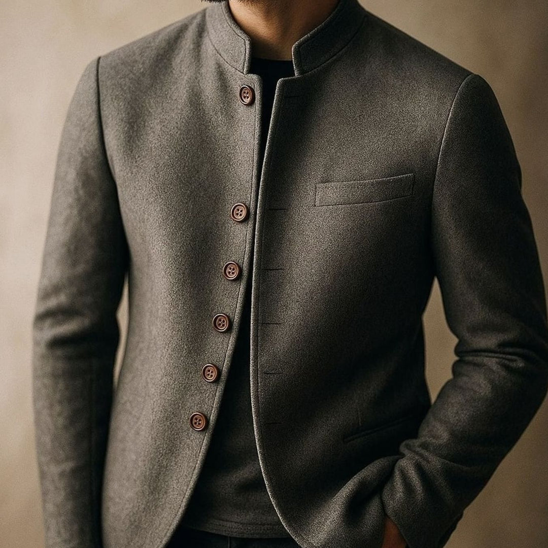 Men's Wool Stand-Collar Button-Front Blazer Jacket
