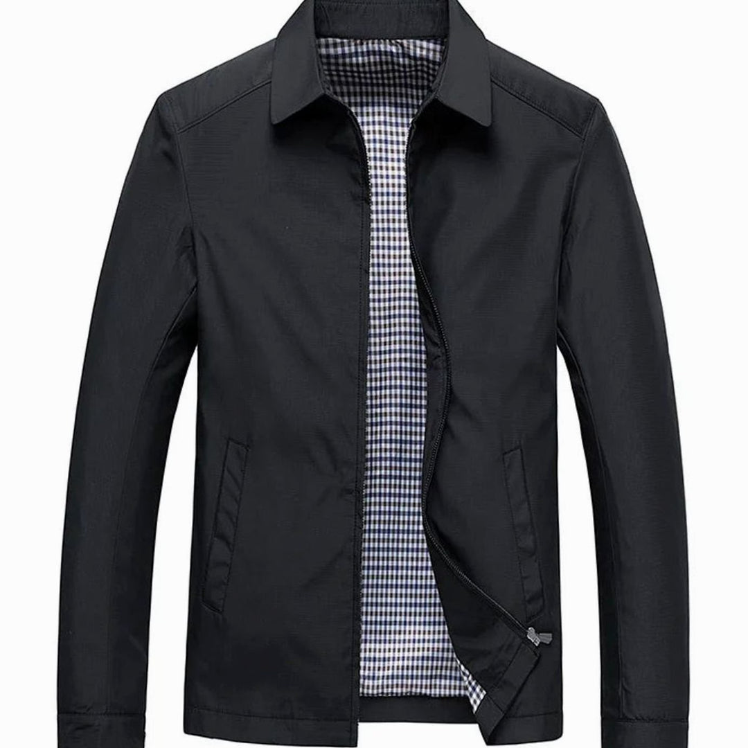 Men's Zip-Up Collared Jacket with Checked Lining Side Pockets - Black