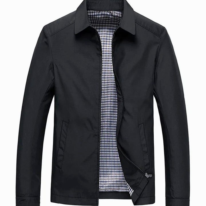 Men's Zip-Up Collared Jacket with Checked Lining Side Pockets - Black