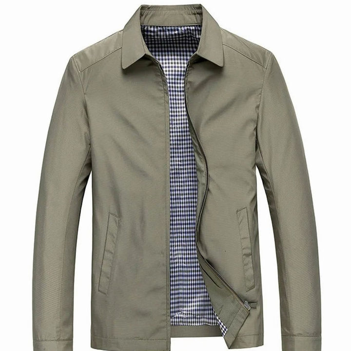 Men's Zip-Up Collared Jacket with Checked Lining Side Pockets - Beige