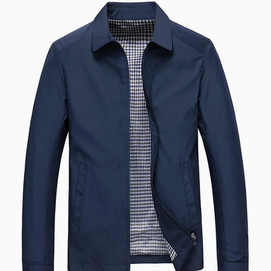 Men's Zip-Up Collared Jacket with Checked Lining Side Pockets - Blue