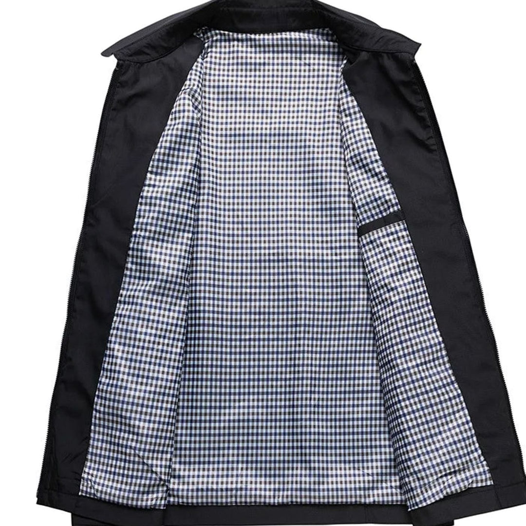 Men's Zip-Up Collared Jacket with Checked Lining Side Pockets