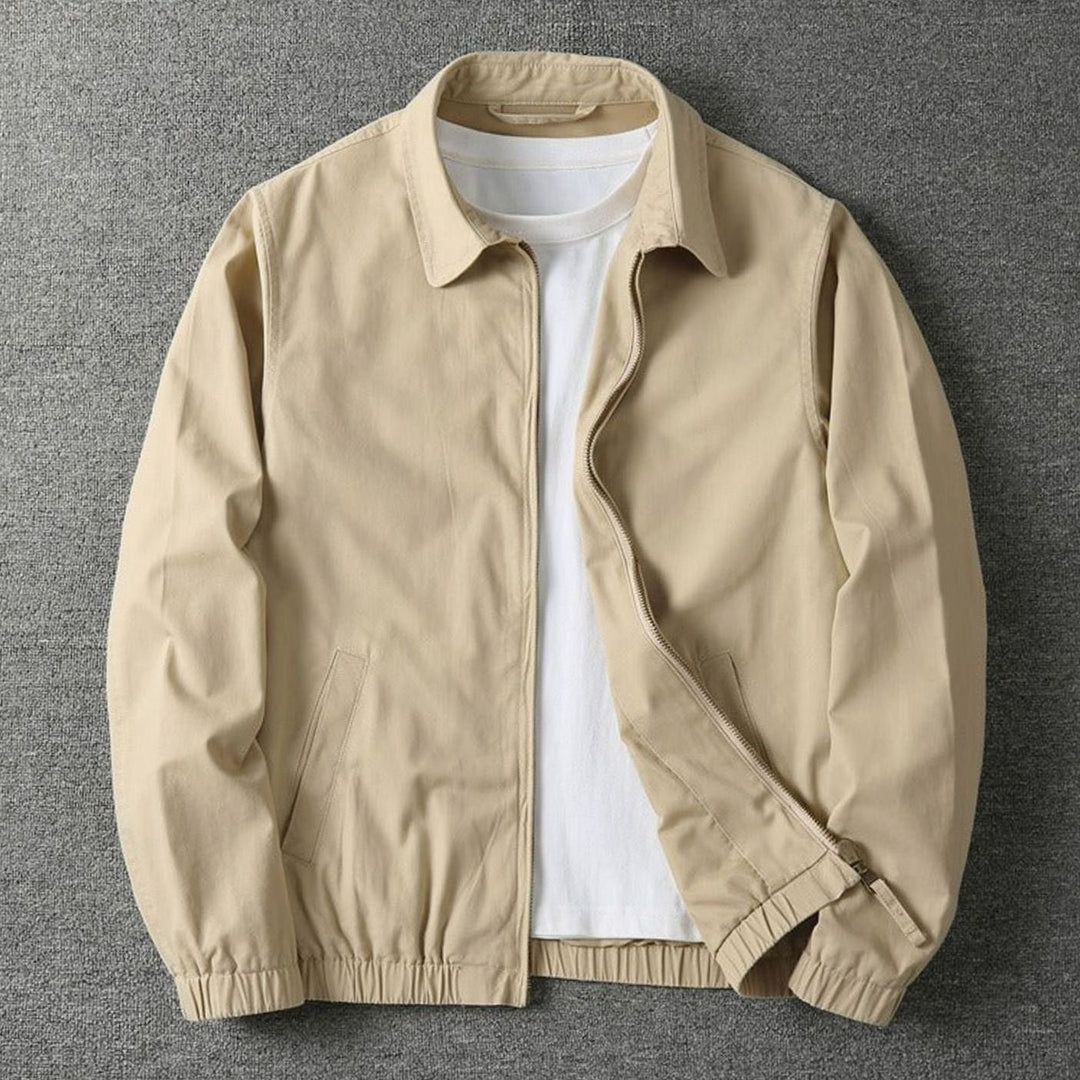 Men's Zip-Up Cotton-Blend Harrington Jacket Elasticated Hem - Beige