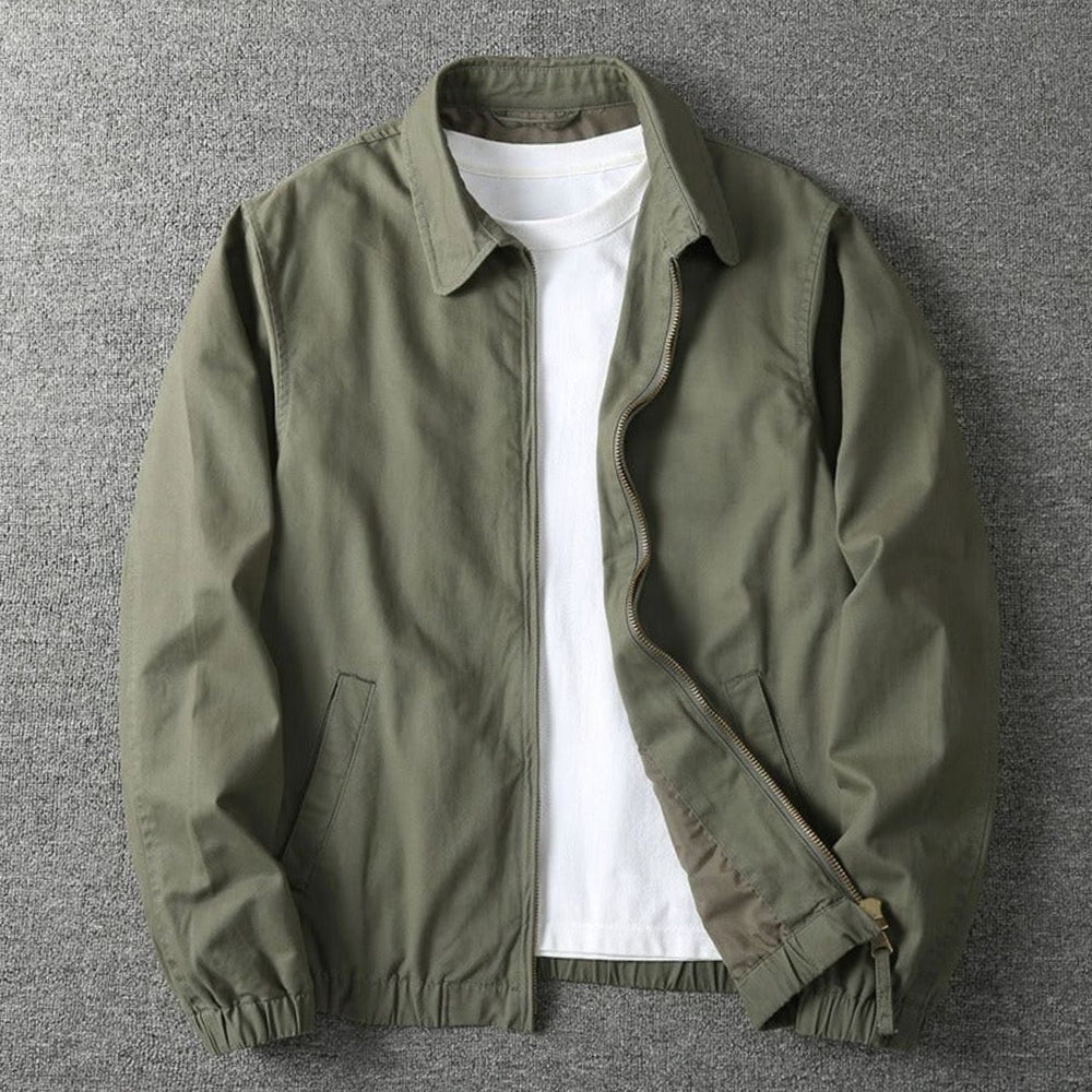 Men's Zip-Up Cotton-Blend Harrington Jacket Elasticated Hem - Khaki