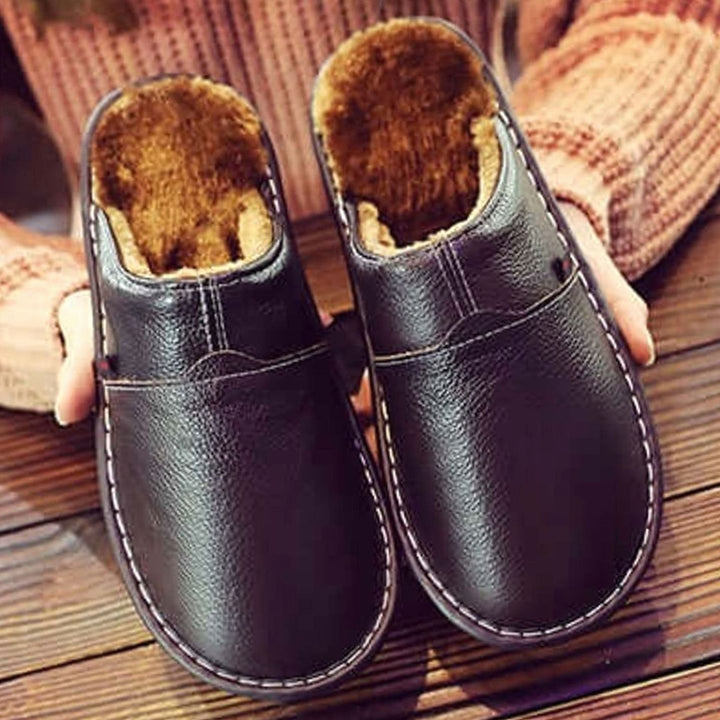 Unisex Fleece-Lined Faux Leather Slip-On Waterproof Slippers