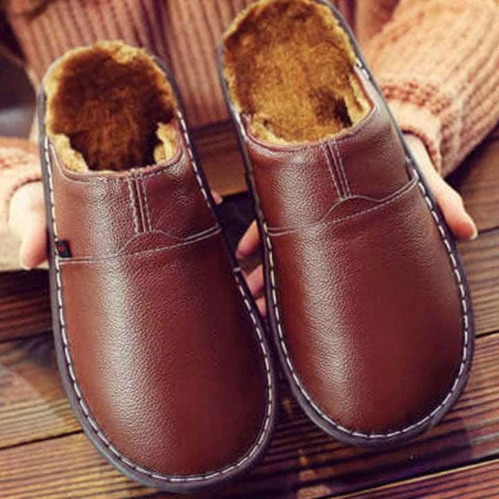Unisex Fleece-Lined Faux Leather Slip-On Waterproof Slippers