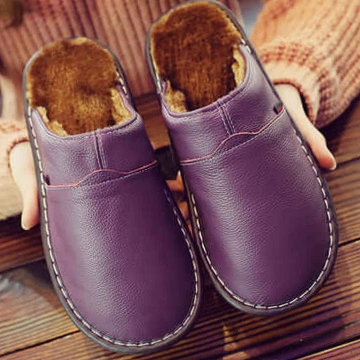 Unisex Fleece-Lined Faux Leather Slip-On Waterproof Slippers
