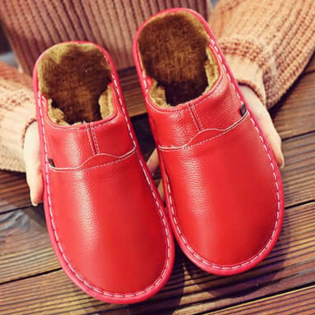 Unisex Fleece-Lined Faux Leather Slip-On Waterproof Slippers