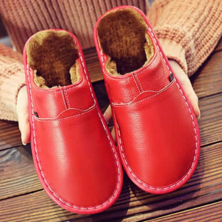 Unisex Fleece-Lined Faux Leather Slip-On Waterproof Slippers