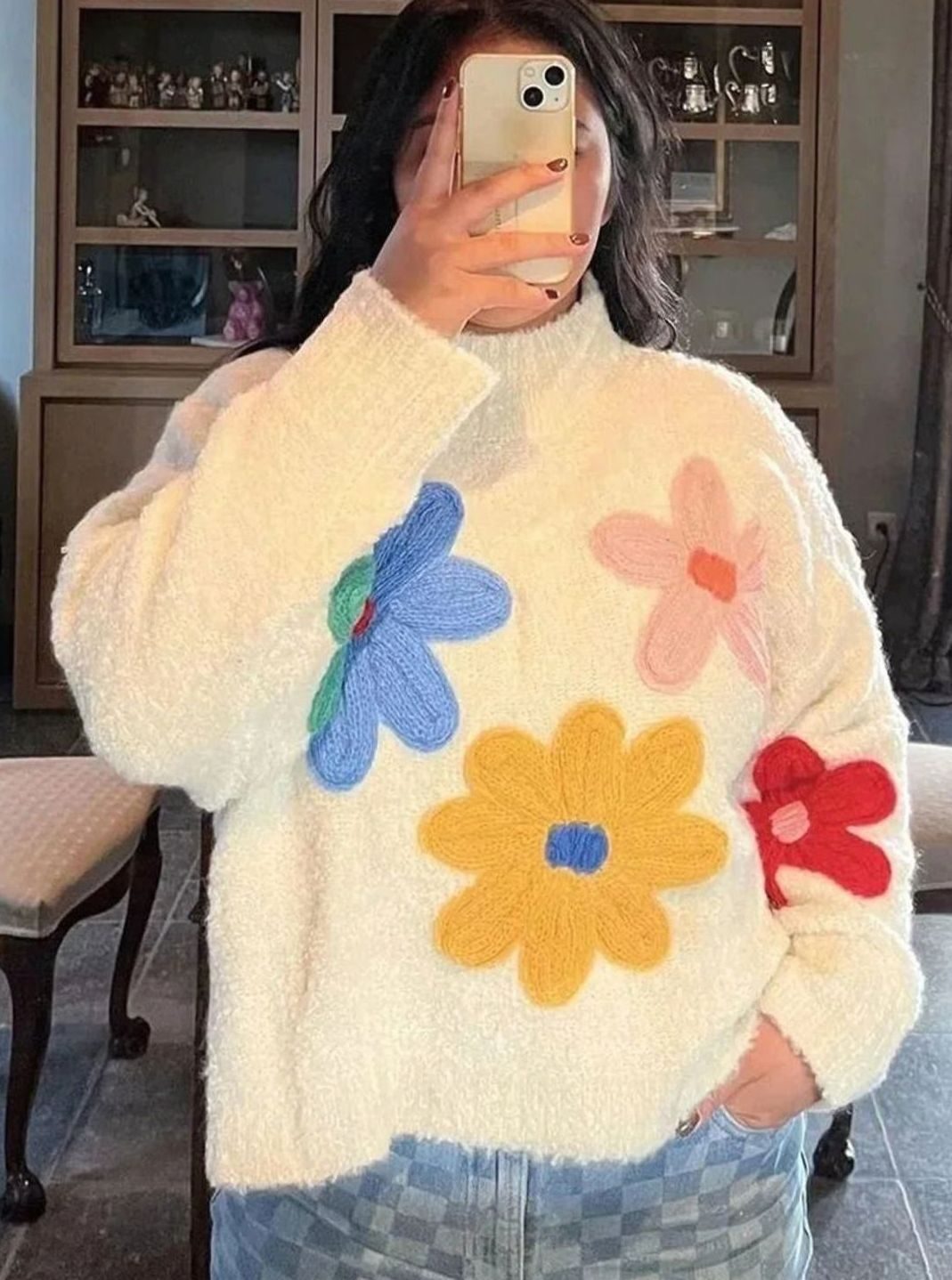Women's 3D Floral Appliqué Oversized Knitted Jumper