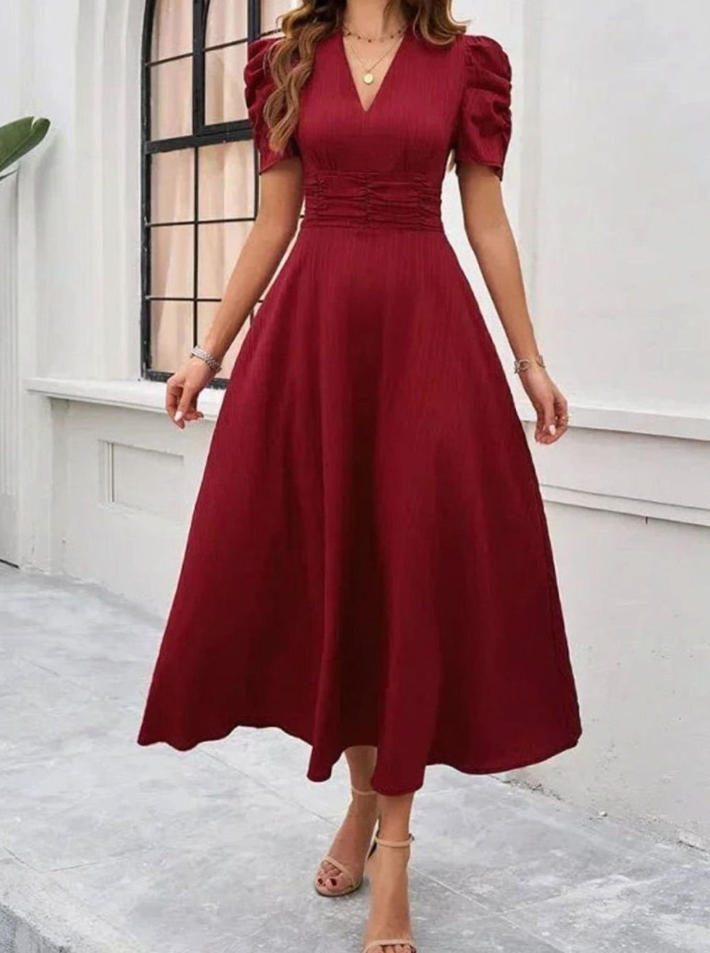 Women's A-Line V-Neck Puff Sleeve Ruched Waist Midi Dress