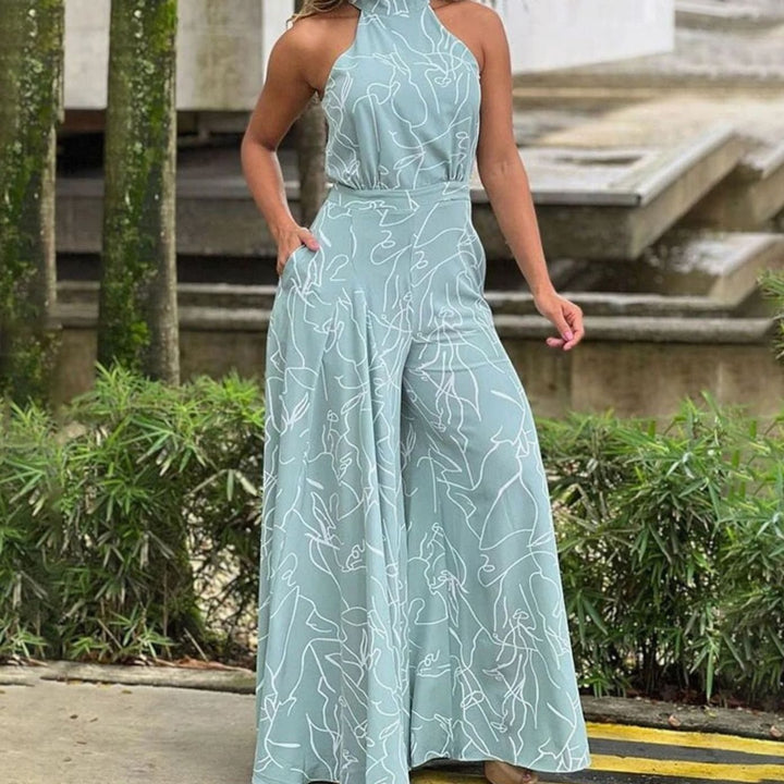 Women's Abstract Print Halterneck Wide-Leg Jumpsuit - Mint Blue