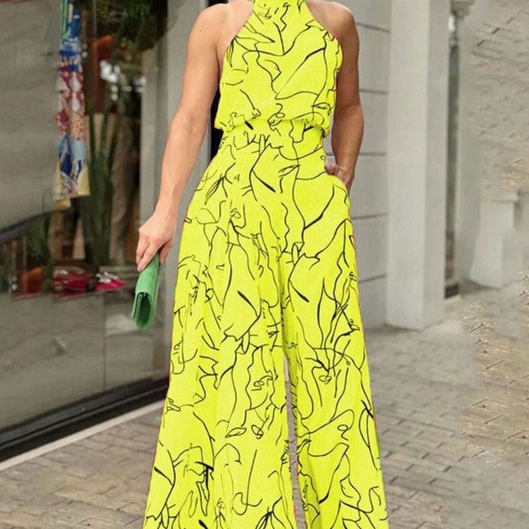 Women's Abstract Print Halterneck Wide-Leg Jumpsuit - Yellow
