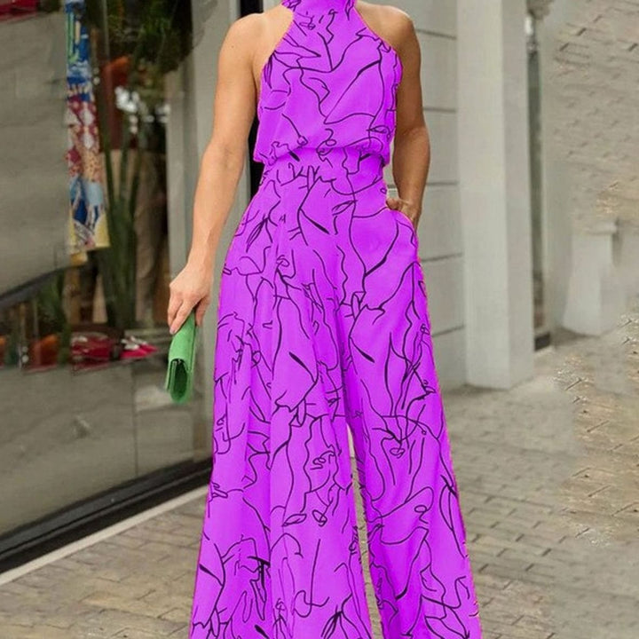 Women's Abstract Print Halterneck Wide-Leg Jumpsuit - Purple