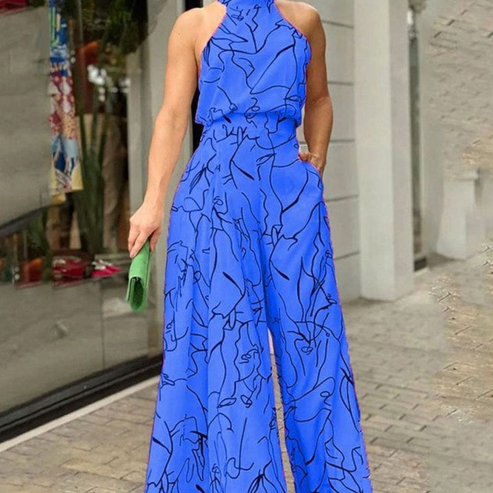 Women's Abstract Print Halterneck Wide-Leg Jumpsuit - Blue