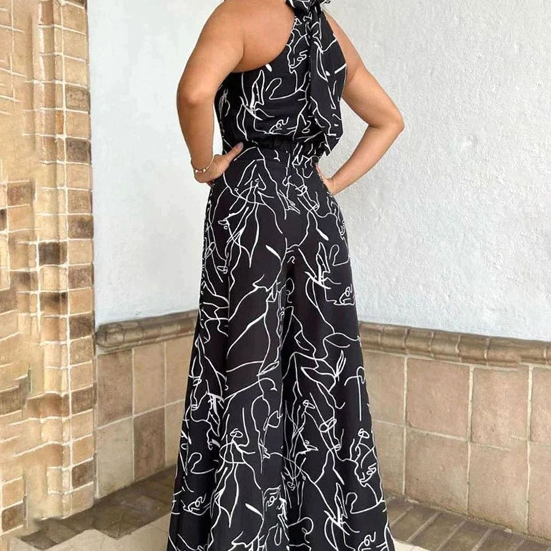 Women's Abstract Print Halterneck Wide-Leg Jumpsuit - Black