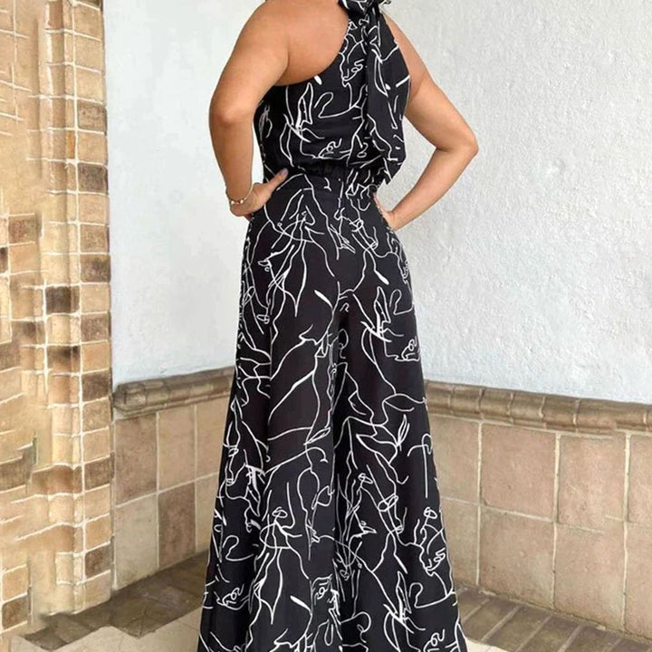 Women's Abstract Print Halterneck Wide-Leg Jumpsuit - Black
