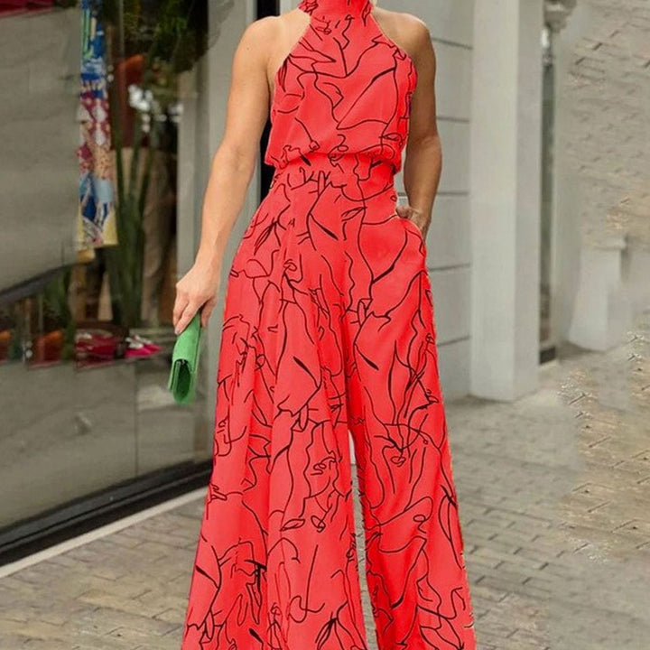 Women's Abstract Print Halterneck Wide-Leg Jumpsuit - Red