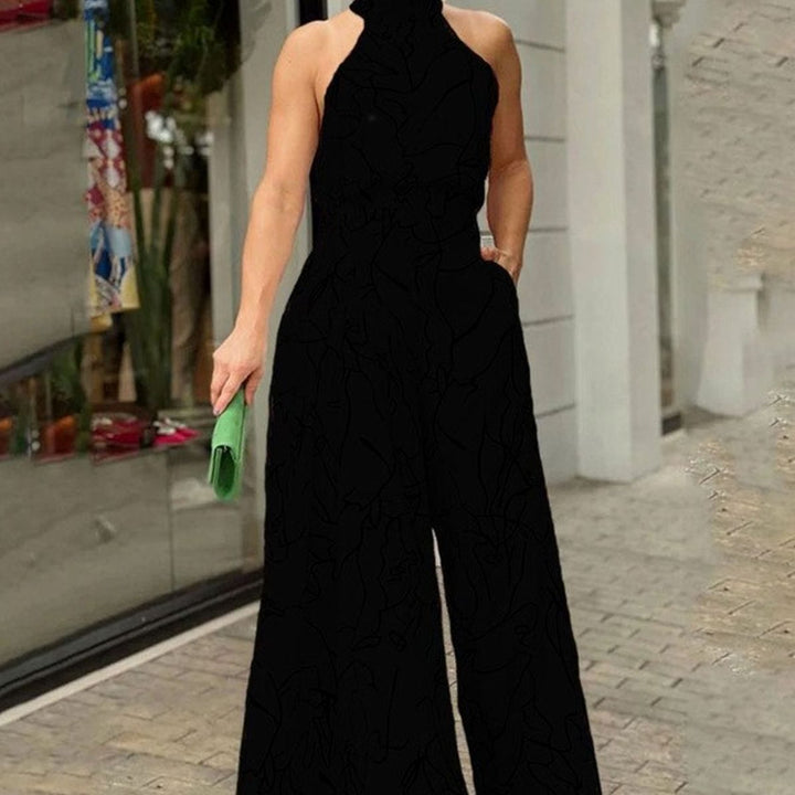Women's Abstract Print Halterneck Wide-Leg Jumpsuit - Solid Black