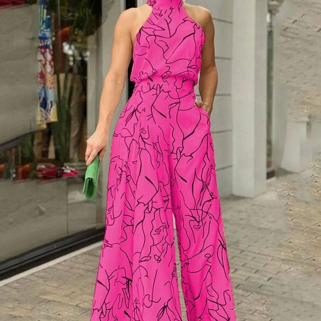Women's Abstract Print Halterneck Wide-Leg Jumpsuit - Pink