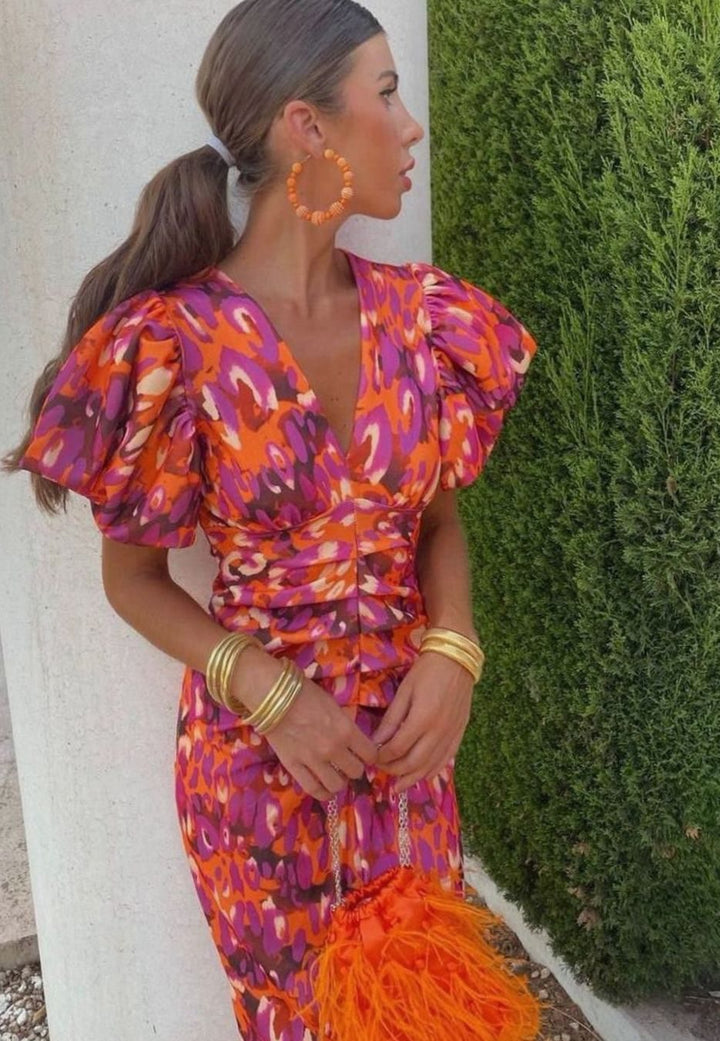 Women's Abstract Print Ruched V-Neck Puff Sleeve Midi Dress