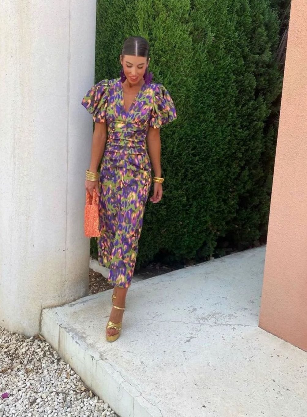 Women's Abstract Print Ruched V-Neck Puff Sleeve Midi Dress
