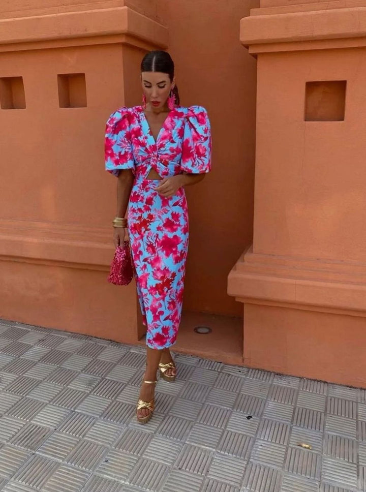 Women's Abstract Print Ruched V-Neck Puff Sleeve Midi Dress