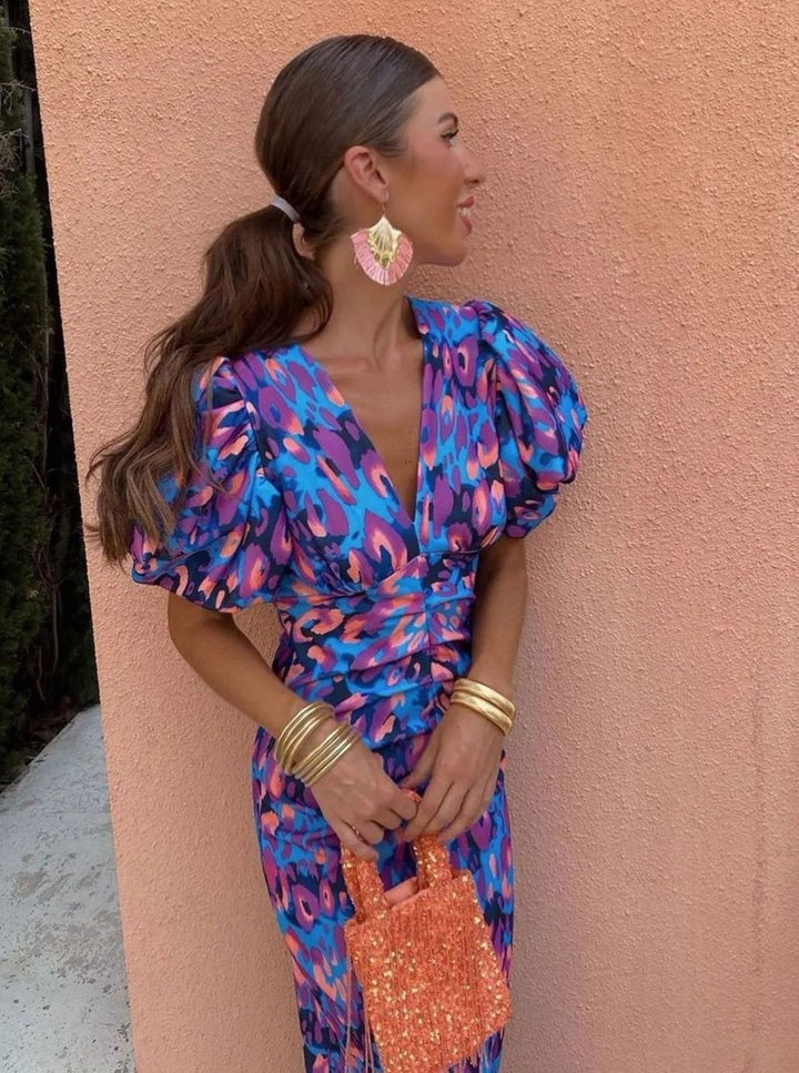 Women's Abstract Print V-Neck Puff Sleeve Midi Party Dress