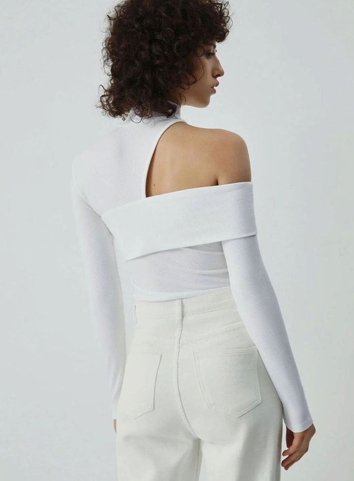 Women's Asymmetric Cut-Out Roll Neck Ribbed Knit Jumper