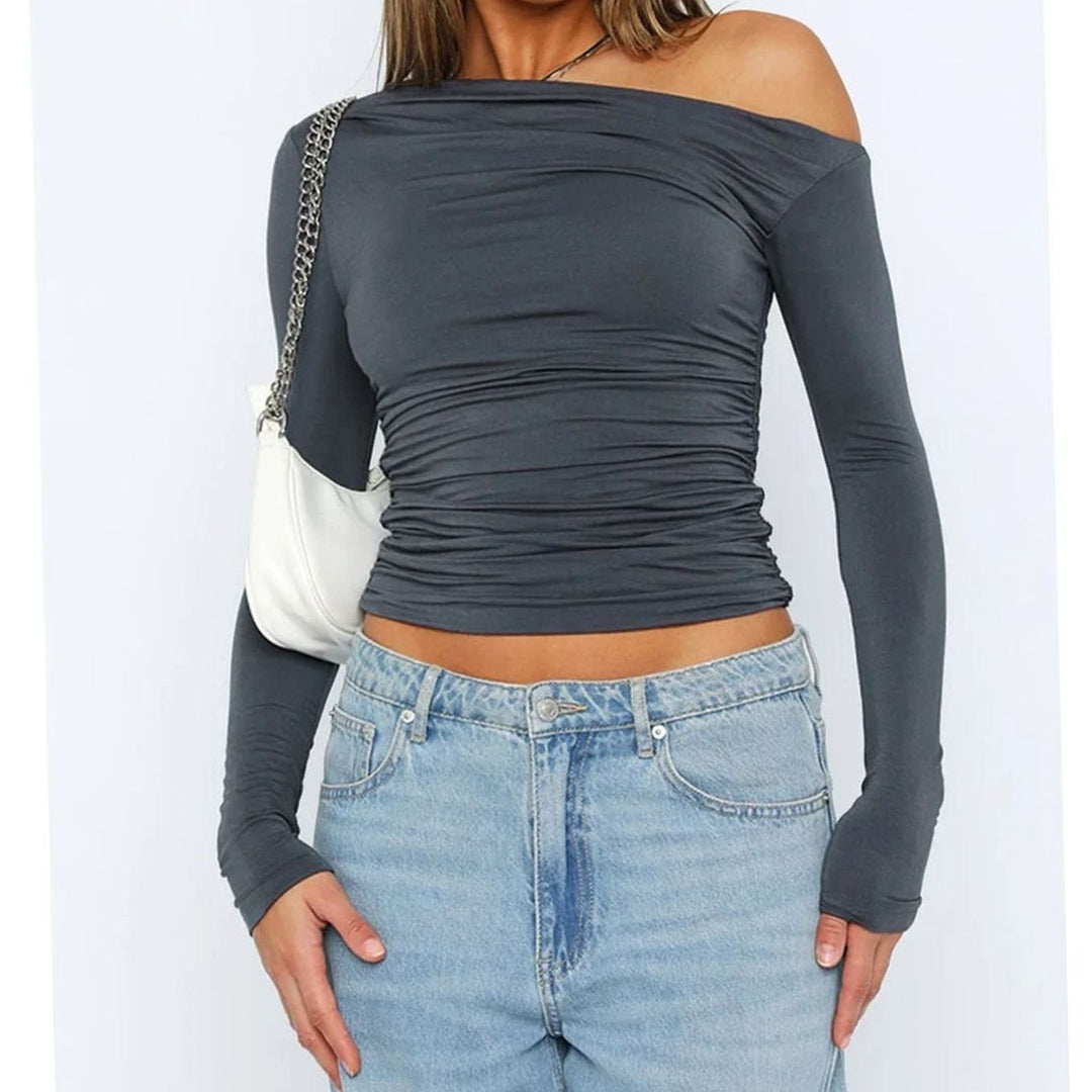 Women's Asymmetric One-Shoulder Ruched Long-Sleeve Crop Top - Grey