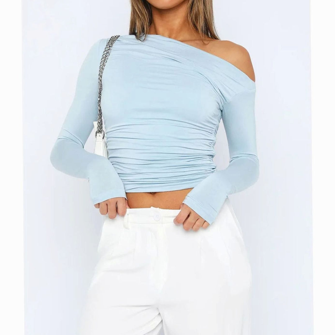 Women's Asymmetric One-Shoulder Ruched Long-Sleeve Crop Top - Blue