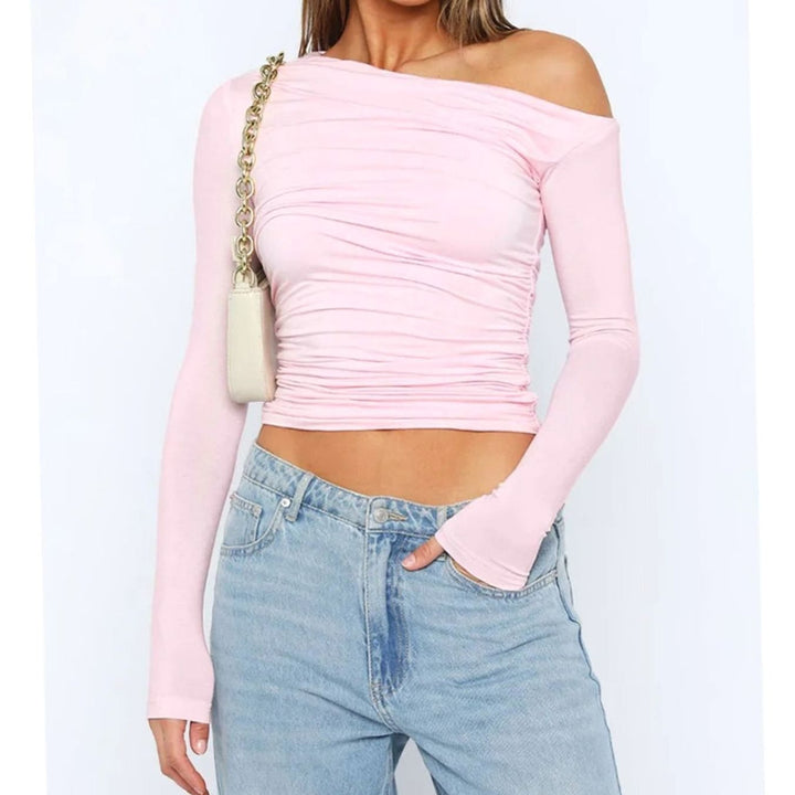 Women's Asymmetric One-Shoulder Ruched Long-Sleeve Crop Top - Pink