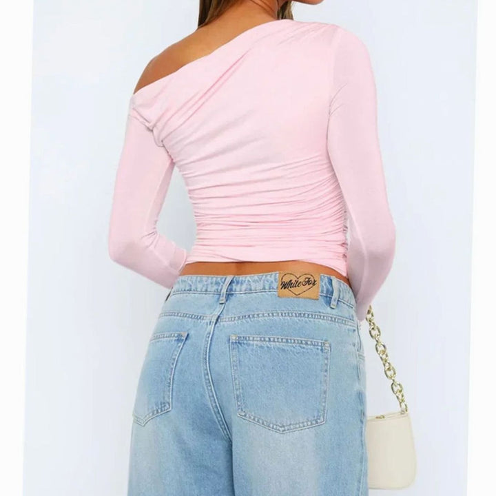 Women's Asymmetric One-Shoulder Ruched Long-Sleeve Crop Top