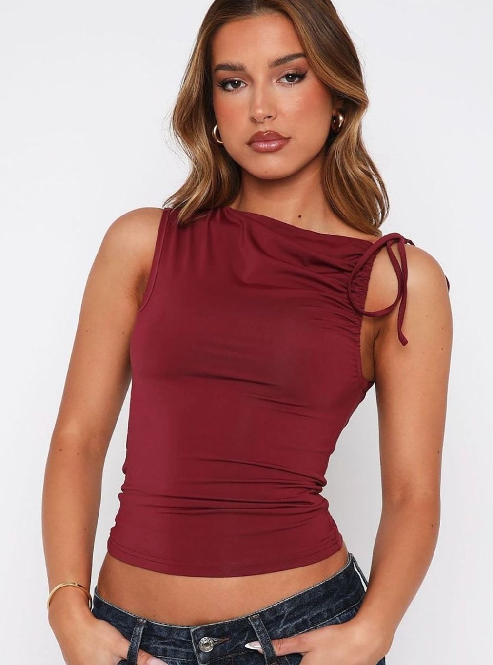 Women's Asymmetric One-Shoulder Ruched Tie Crop Top - Burgundy
