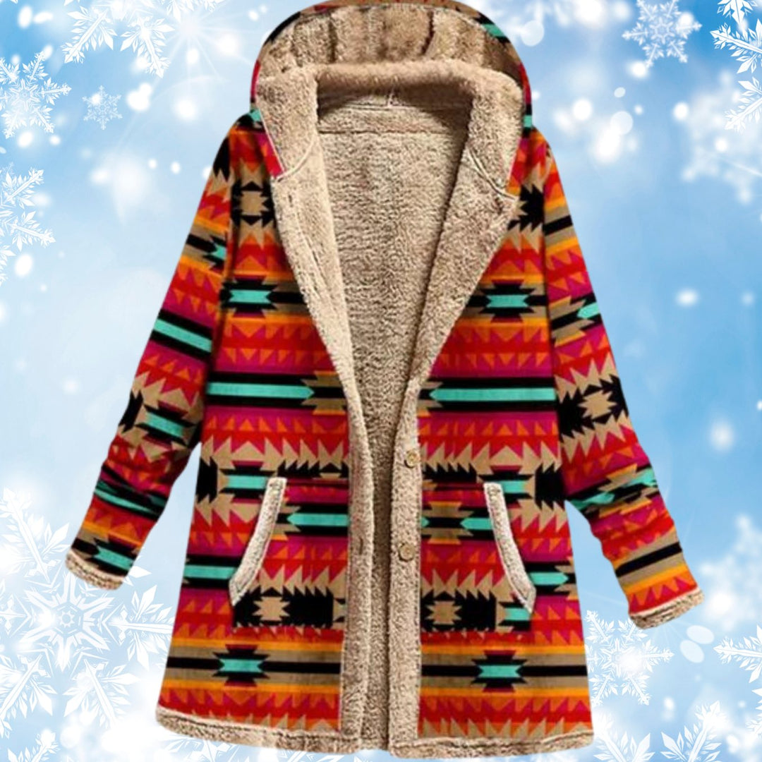 Women's Aztec Print Fleece-Lined Hooded Winter Coat - Red Orange