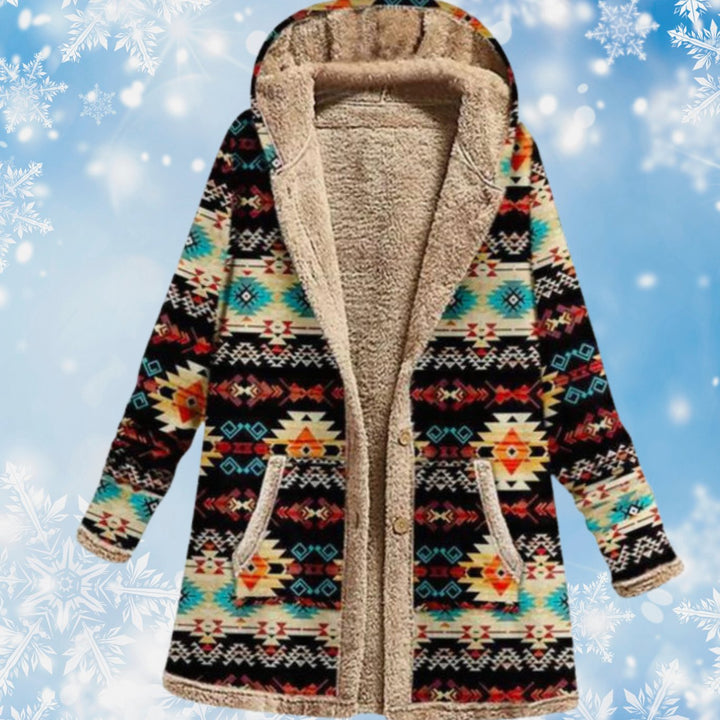 Women's Aztec Print Fleece-Lined Hooded Winter Coat - Black