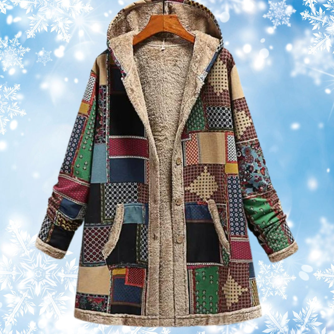 Women's Aztec Print Fleece-Lined Hooded Winter Coat - Light Grey