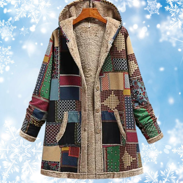 Women's Aztec Print Fleece-Lined Hooded Winter Coat - Light Grey