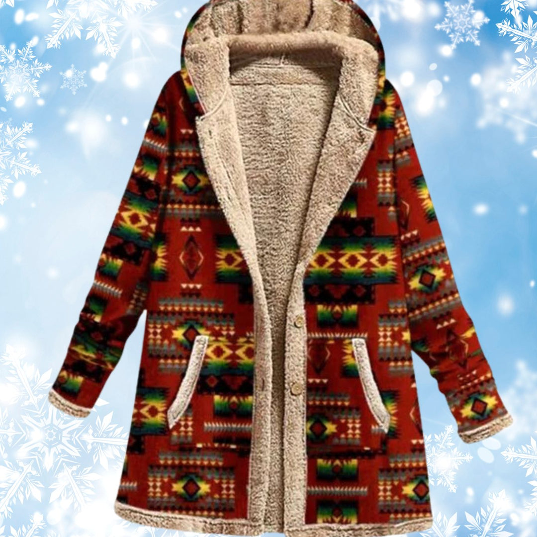 Women's Aztec Print Fleece-Lined Hooded Winter Coat - Dark Red