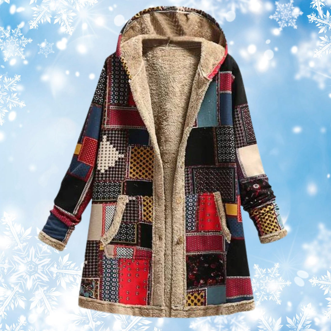 Women's Aztec Print Fleece-Lined Hooded Winter Coat - Dark Grey