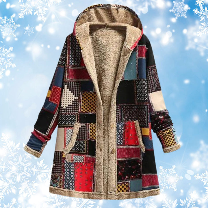 Women's Aztec Print Fleece-Lined Hooded Winter Coat - Dark Grey