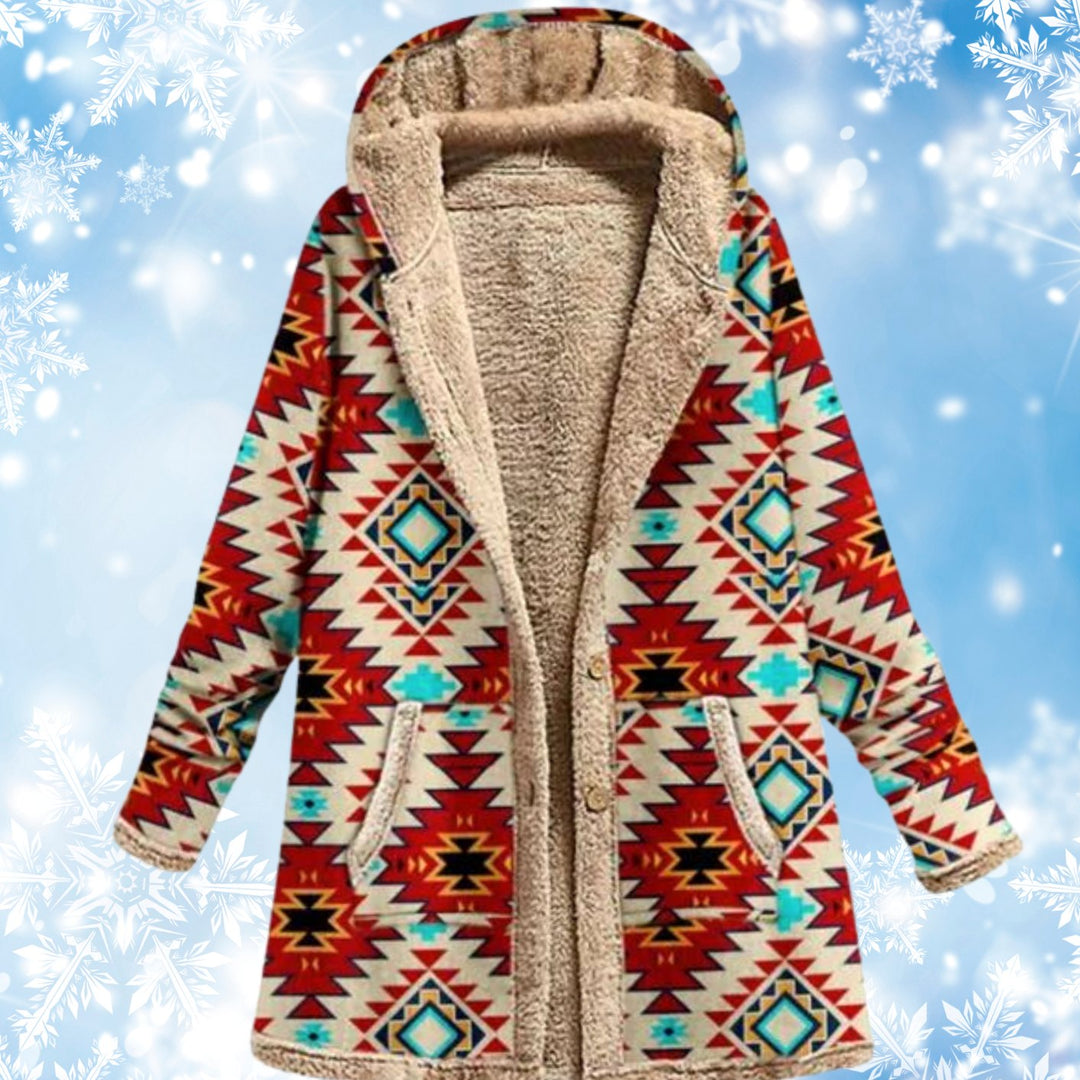 Women's Aztec Print Fleece-Lined Hooded Winter Coat - Red