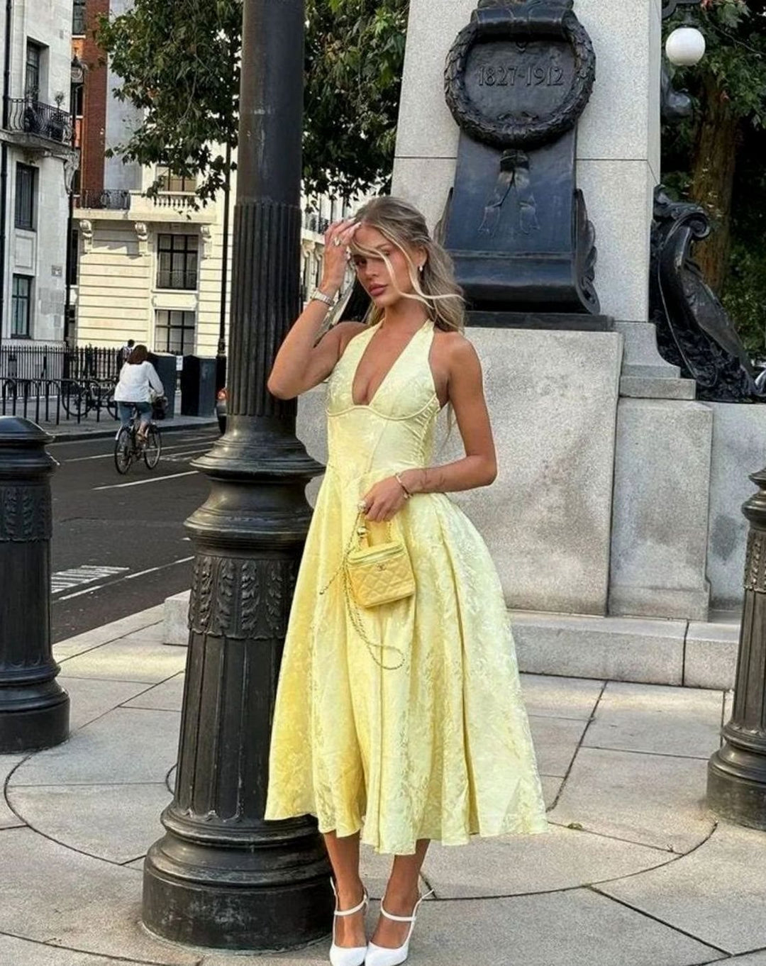 Women's Backless Deep V-Neck Pleated Midi Party Dress, Yellow