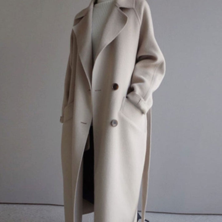 Women's Belted Long Wool-Blend Wrap Winter Coat - Beige