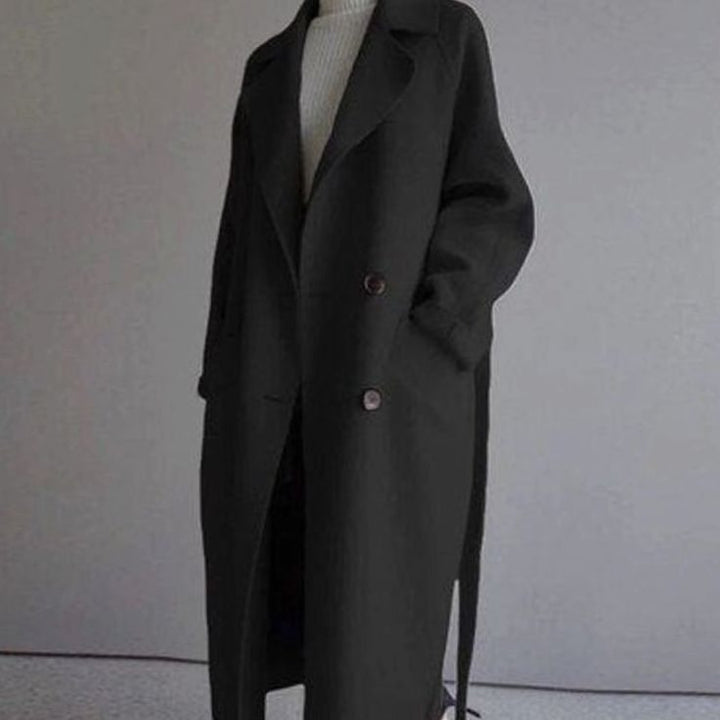 Women's Belted Long Wool-Blend Wrap Winter Coat - Black